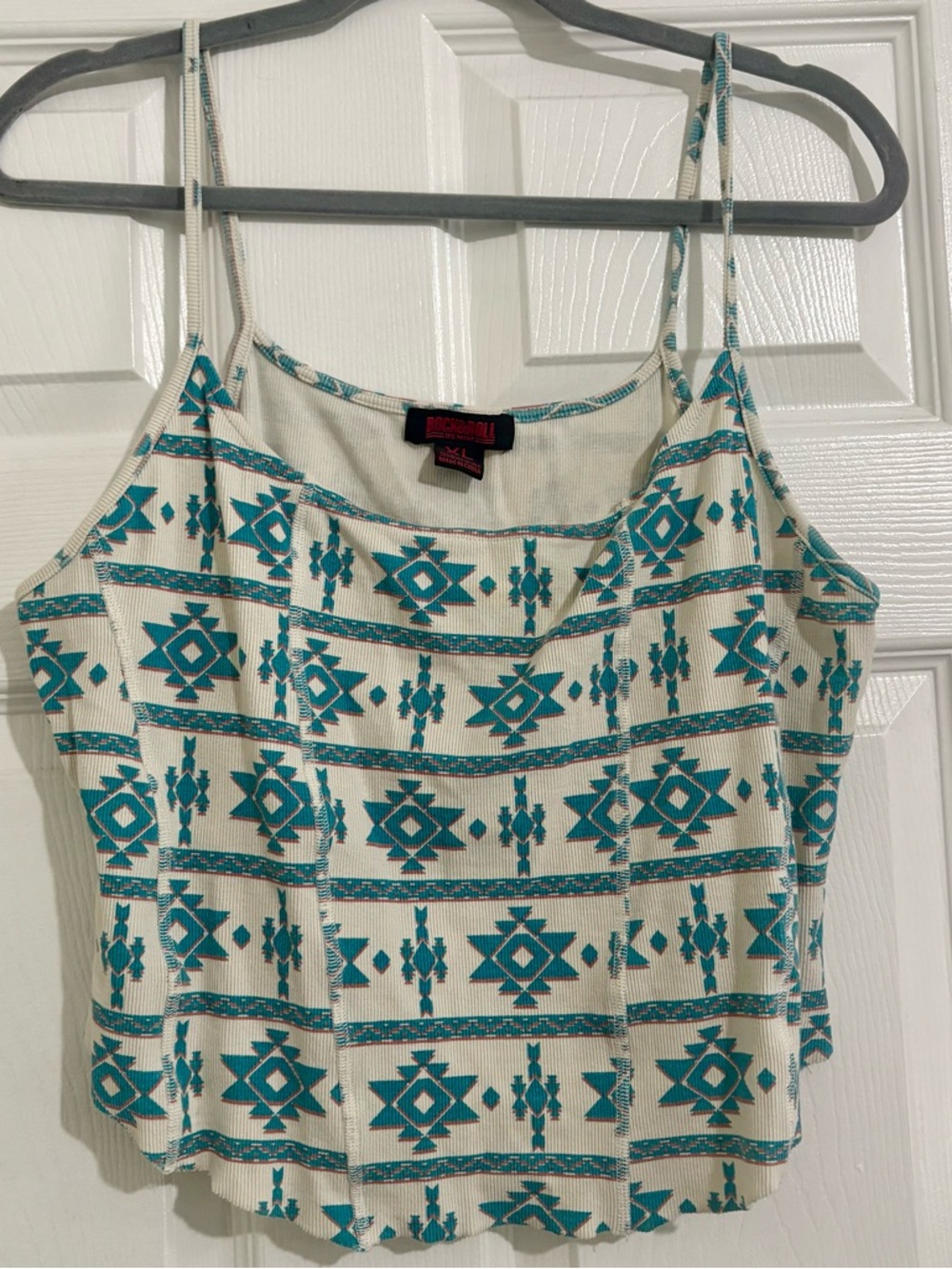 Rock & Roll Cowgirl Teal Aztec-Print Cropped Spaghetti Strap Tank Exposed Seams